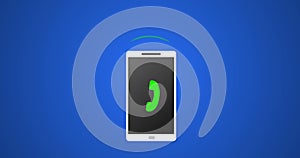 Flat Vector Smartphone Call with Green Icon and Ringing Vector Animation 4k Rendered Video on Blue Background.