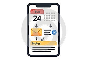 Flat vector smartphone showing synced data from calendar, email, and notes apps, isolated