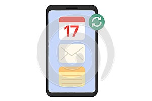 Flat vector smartphone showing synced data from calendar, email, and notes apps, isolated