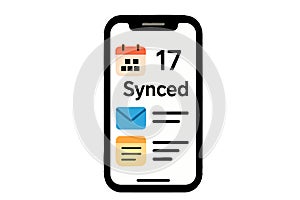 Flat vector smartphone showing synced data from calendar, email, and notes apps, isolated
