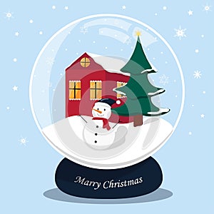 Flat vector snowball globe with christmas tree, snowman and house