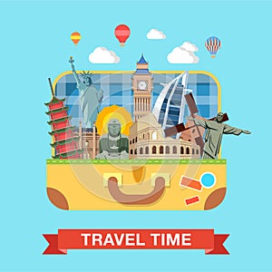 Flat vector suitcase famous sights landmarks travel tourism photo