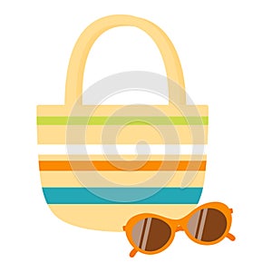 flat vector summer illustration with beach bag and sunglasses