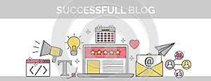 Flat vector thin line scribble header banner illustration of how to establish a successful 5 star blog. It includes: newsletter, s