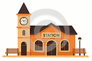 Flat vector train station with clock tower and benches outside, isolated on white