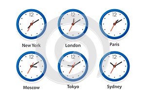 Flat Vector Wall Office Clock Icon Set. Time Zones of Different Cities, White Dial. Design Template of Wall Clock