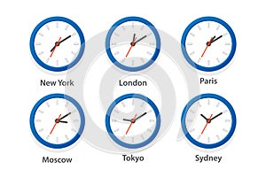 Flat Vector Wall Office Clock Icon Set. Time Zones of Different Cities, White Dial. Design Template of Wall Clock