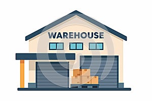 Flat vector warehouse building with loading dock and roller doors, isolated on white