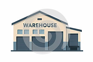Flat vector warehouse building with loading dock and roller doors, isolated on white