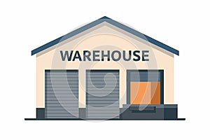 Flat vector warehouse building with loading dock and roller doors, isolated on white