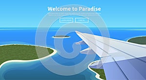 Flat vector web banner. Travel by airplane.