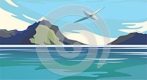 Flat vector web banners on the theme of travel by airplane, vacation, adventure. Flight in the stratosphere. Takeoff