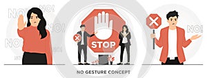 Flat vector woman man saying no stop concept illustration