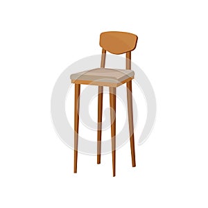 Flat vector of wooden bar stool with backrest and soft seat. Chair with long legs. Furniture for cafe and restaurant