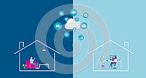 Flat vector work from home workplace concept and business smart working online connect with cloud computing server