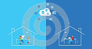 Flat vector work from home workplace concept and business smart working online connect with cloud computing server