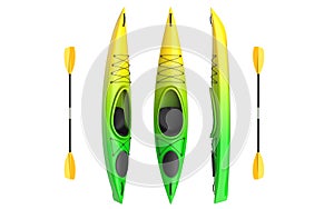 Flat vertical views of yellow green crossover kayak with paddle. Whitewater and river running kayak. 3D render, isolated