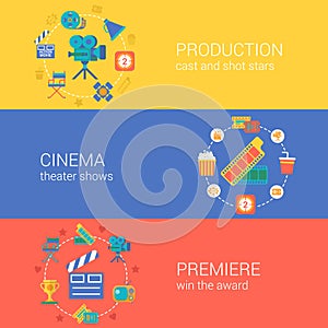 Flat video movie production cinema design icons set