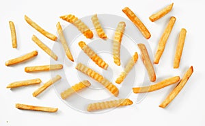 flat view of individual french fries in overhead view photo
