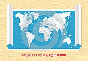 Flat Vintage World Map on Wood Texture - Vector Illustration