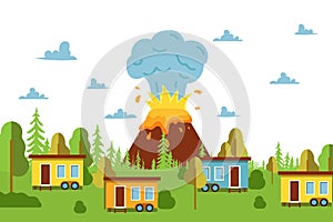 Flat volcano eruption village, fire disaster and misfortune design vector illustration. Cataclysm weather disaster