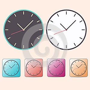 Flat watch clocks  with arow icons set from warm color isolated on background. EPS 10 vector illustration