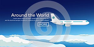 Flat web banners on the theme of travel by airplane, vacation, adventure. Flight in the stratosphere. Around the World.