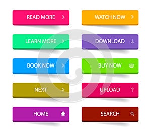 Flat web button for design ui. Action call icon for navigation in app. Graphic buttons with learn more, read, download text for