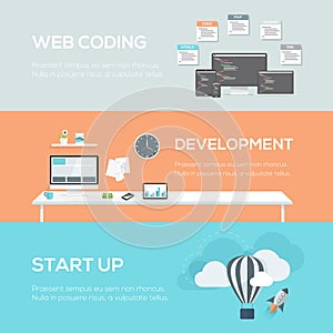 Flat web design concepts. Web coding, development and startup.
