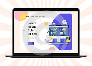 Flat web development concept. Web browser and window on monitor and programs for scripting and programming web applications on