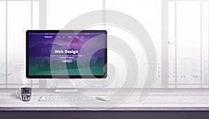 Flat web page on computer display. Web design company concept.