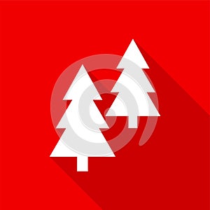 Flat white coniferous trees icon with a long shadow on a red background.