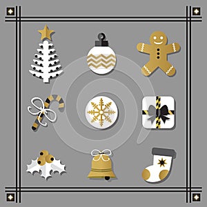 Flat white and golden Christmas icons set with black border