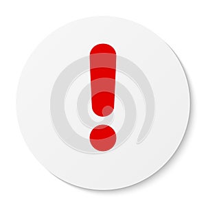 Flat white round sticker exclamation point icon, button. Attention symbol.