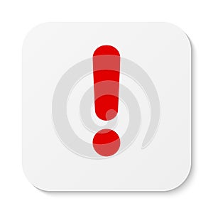 Flat white square sticker exclamation point icon, button. Attention symbol.