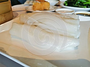 Flat white thick noodle wide skin in Chinese Yum Cha restaurant
