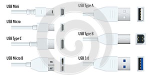 Flat white usb types port plug in cables set with realistic connectors. Connector and ports. USB type A, type B, type C