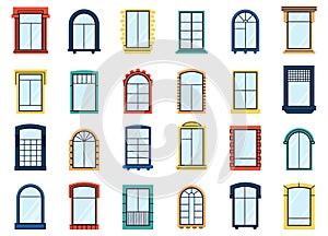 Flat windows design set. Home window, vitrina and glass screen. Decorative outdoor buildings elements, architecture photo