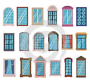 Flat windows frames. Colorful various wooden and plastic window frames with window sills, exterior architectural house