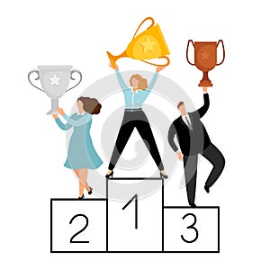 Flat winners characters. Vector business people on pedestal. Male and female with gold silver bronze cups