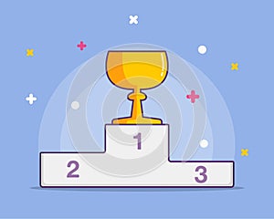 Flat winners podium with golden cup. Vector illustration. isolated