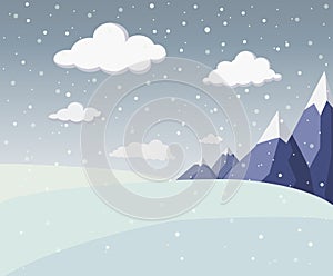 flat winter landscape with ice mountains, snowy fields, hills , fluffy clouds. Cute flat snowfall scene with mountains. Winter