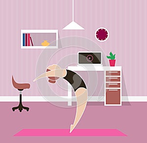 Flat womÐ°n doind yoga with video tutorial in home office