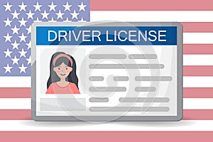 Flat woman driver license plastic card template, id card vector illustration