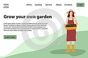 Flat Woman with seedling. Gardening, agriculture concept for banner, website design or landing web page. Gardener girl