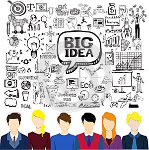 Flat working people avatars with business doodles.Brainstorming,big idea,creativity,teamwork concept
