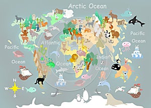 Flat World animals cartoonish kids map
