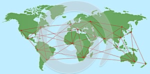 Flat world map outline with network connection - vector illustration