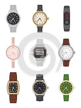 Flat wrist watch. Various mens and womens classic and modern watches with different classy design bracelets and straps