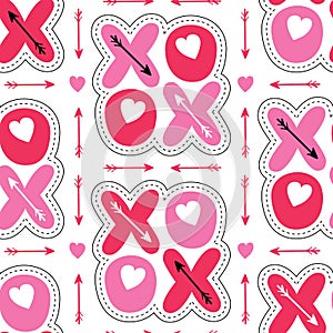 Flat XOXO Valentine`s Day Typography vector seamless pattern. Patch Hearts and Arrows. Love. XOXO. Hugs and Kisses